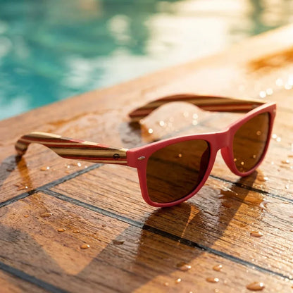 Lentes sol Acacia polarizados UV400 madera zebrano Rosado Brown sobre madera teca con agua fresca Bonoboss #editorial_grid1 #color_rosado-brown