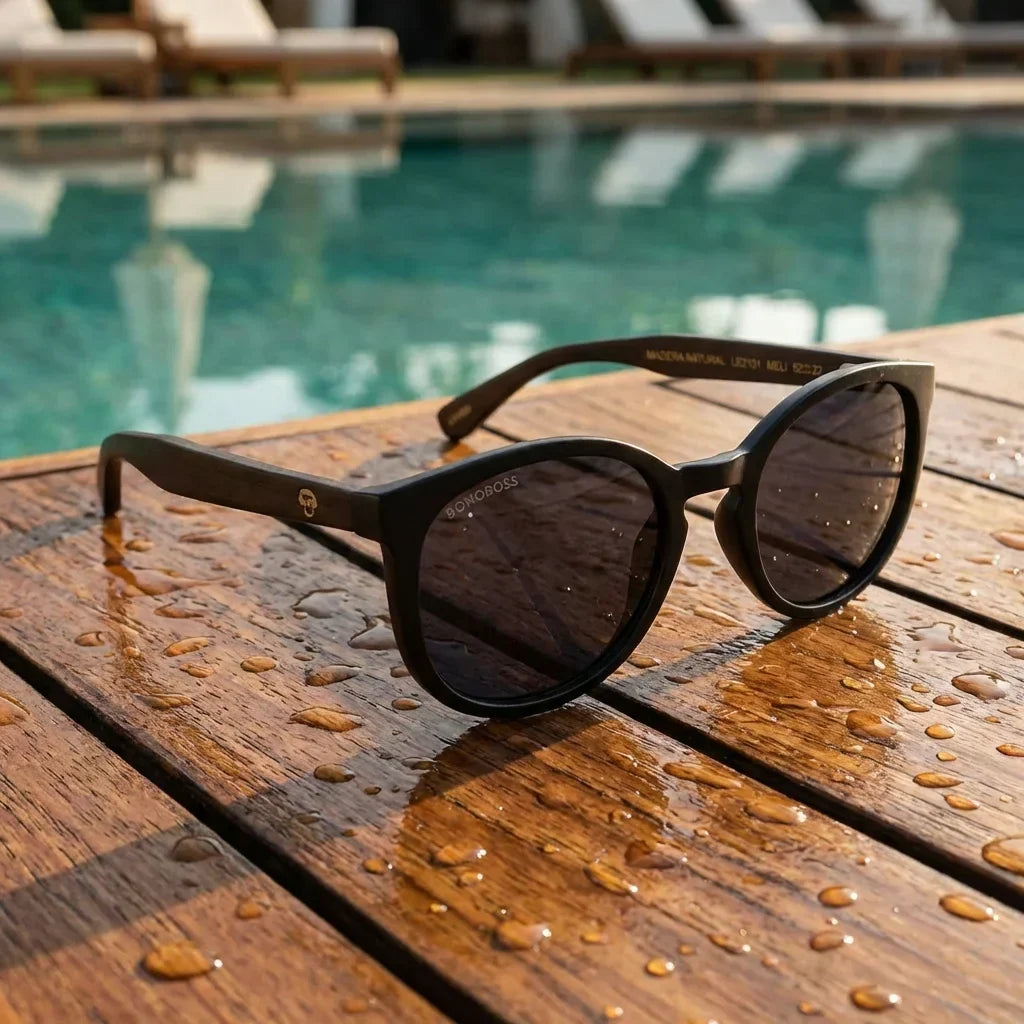 Lentes sol Meli Dark polarizados bio-acetato Negro sobre teca con agua Bonoboss #editorial_detail1 #color_negro