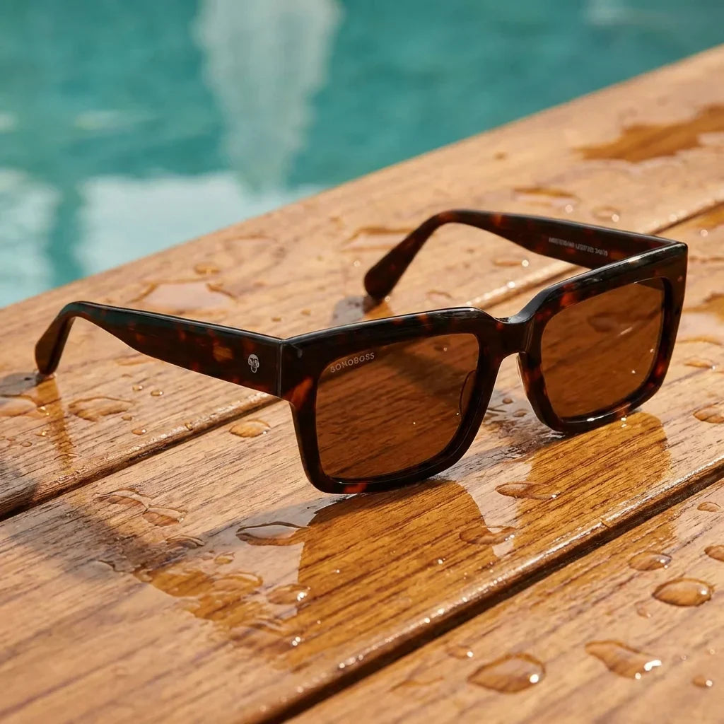 Lentes sol Amsterdam polarizados UV400 carey sobre teca con agua fresca Bonoboss #editorial_grid1 #color_carey