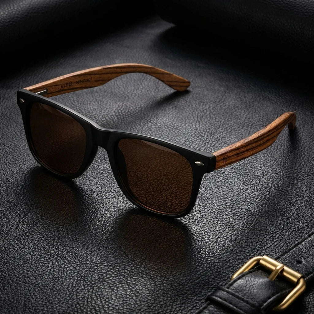 Lentes sol Acacia polarizados UV400 madera zebrano Negro Brown sobre cuero negro detalle brass premium Bonoboss #editorial_polarizado #color_negro-brown