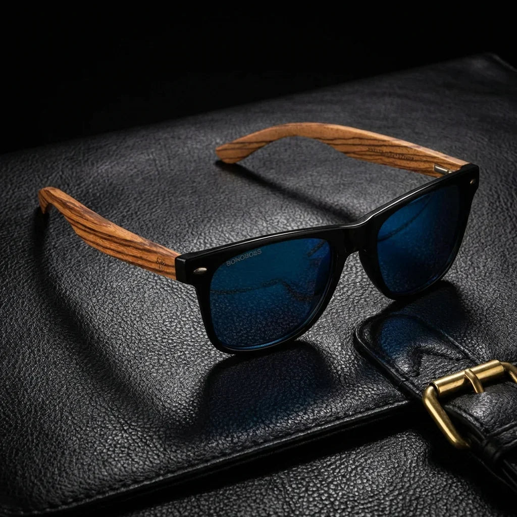 Lentes sol Acacia polarizados UV400 madera zebrano Negro Espejado Azul sobre cuero negro detalle brass premium Bonoboss #editorial_polarizado #color_negro-espejado-azul