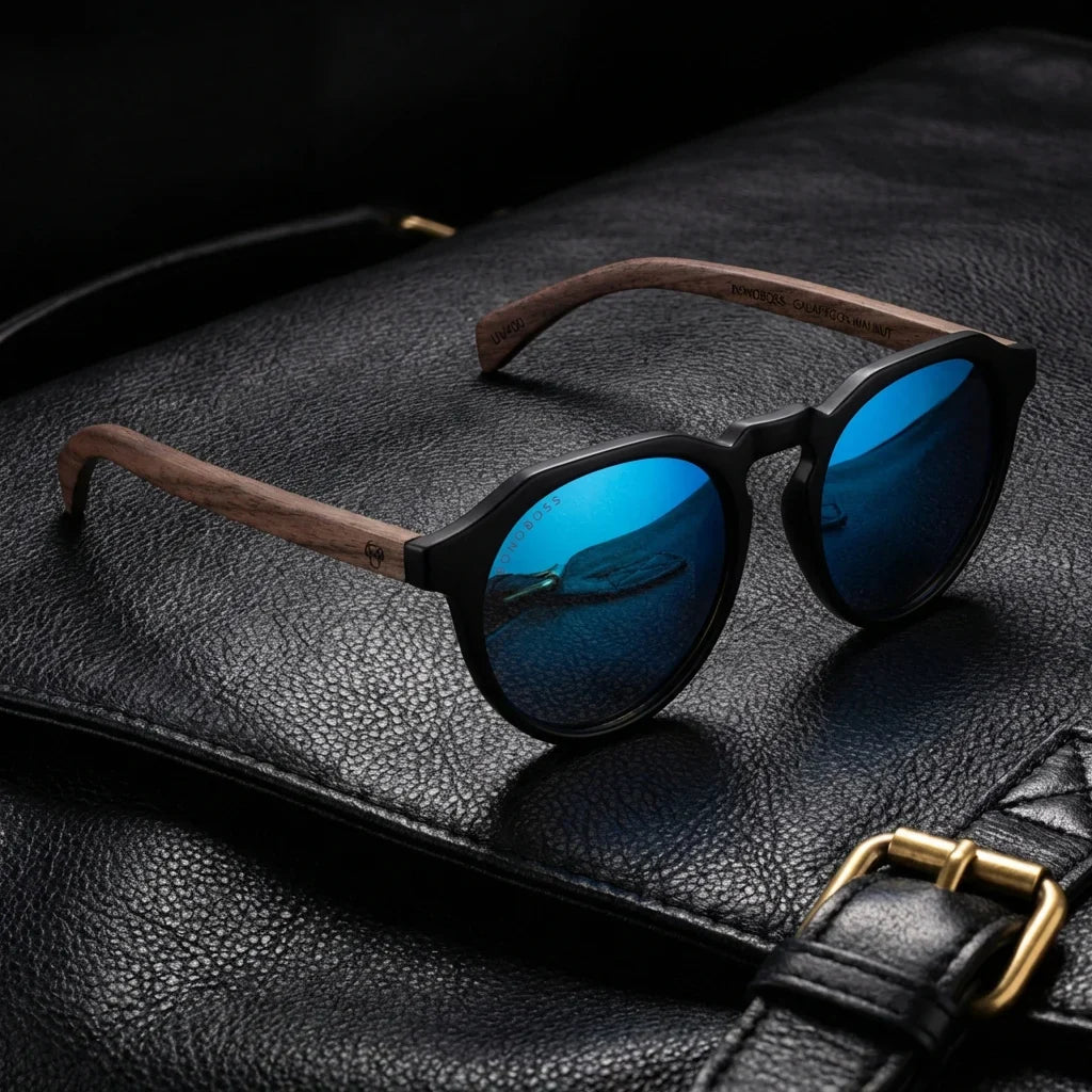 Lentes sol Galapagos polarizados UV400 acetato madera negro sky sobre cuero negro detalle brass premium Bonoboss #editorial_polarizado #color_negro-sky