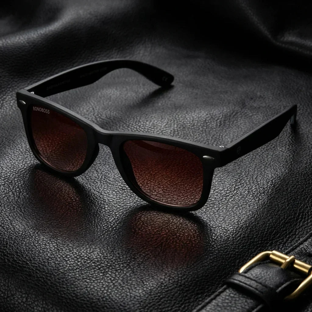 Lentes sol Acacio rPET polarizados UV400 RPET reciclado rojo sobre cuero negro detalle brass premium Bonoboss #editorial_polarizado #color_rojo