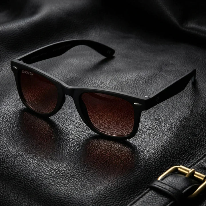 Lenses sun acacio rpet polarized UV400 rpet recycled red sobre black leather premium brass detail bonoboss #editorial_polarizado #color_rojo