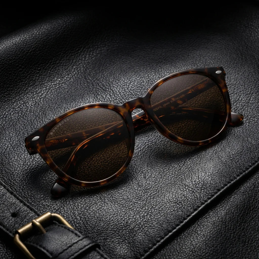 Lenses sun henua polarized UV400 bio-acetate tortoise sobre black leather premium brass detail contraste bonoboss #editorial_polarizado #color_carey