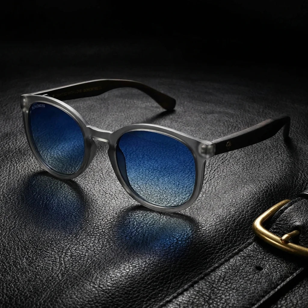 Lentes sol Meli TSP polarizados UV400 bio-acetato TSP degrade azul sobre cuero brass detalle premium Bonoboss #editorial_grid1 #color_degrade-azul