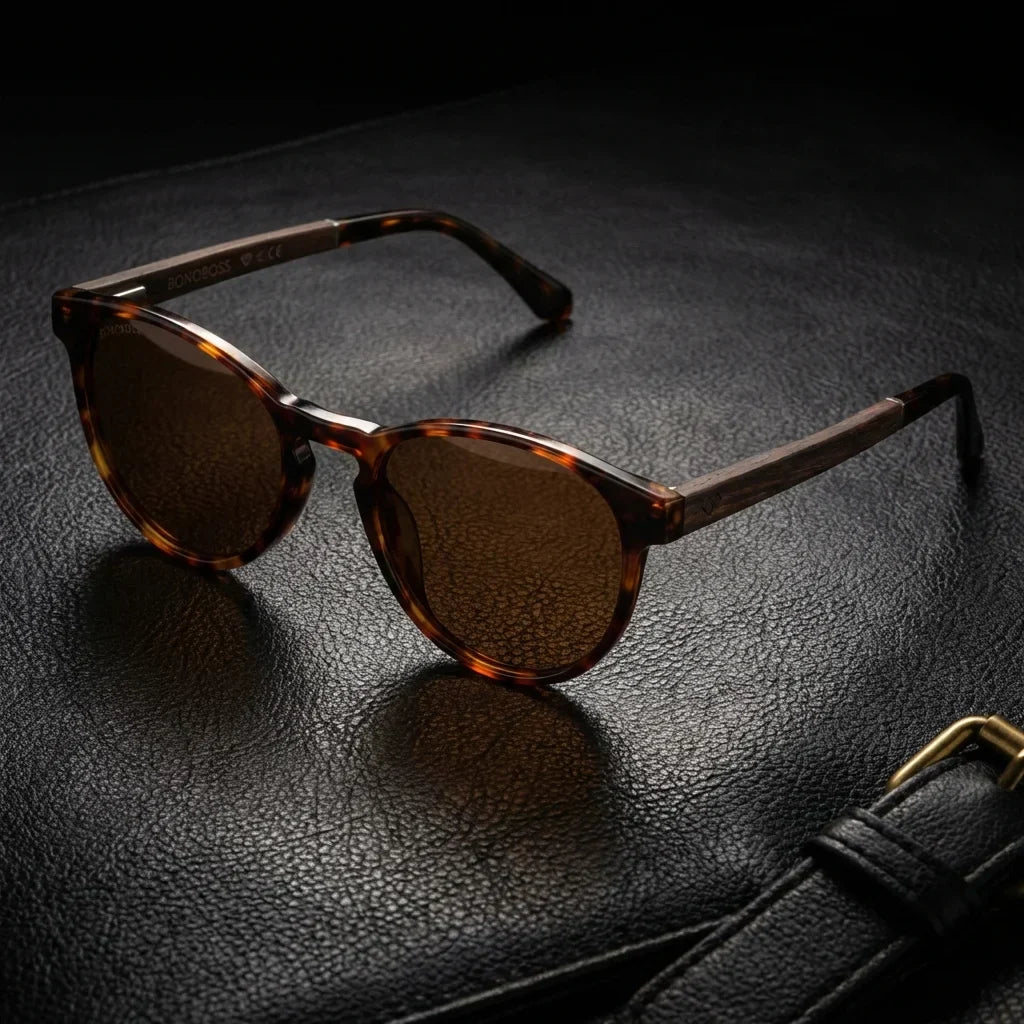 Lentes sol Chiloe 220 Black polarizados UV400 carey sobre cuero negro detalle brass premium Bonoboss #editorial_polarizado #color_carey