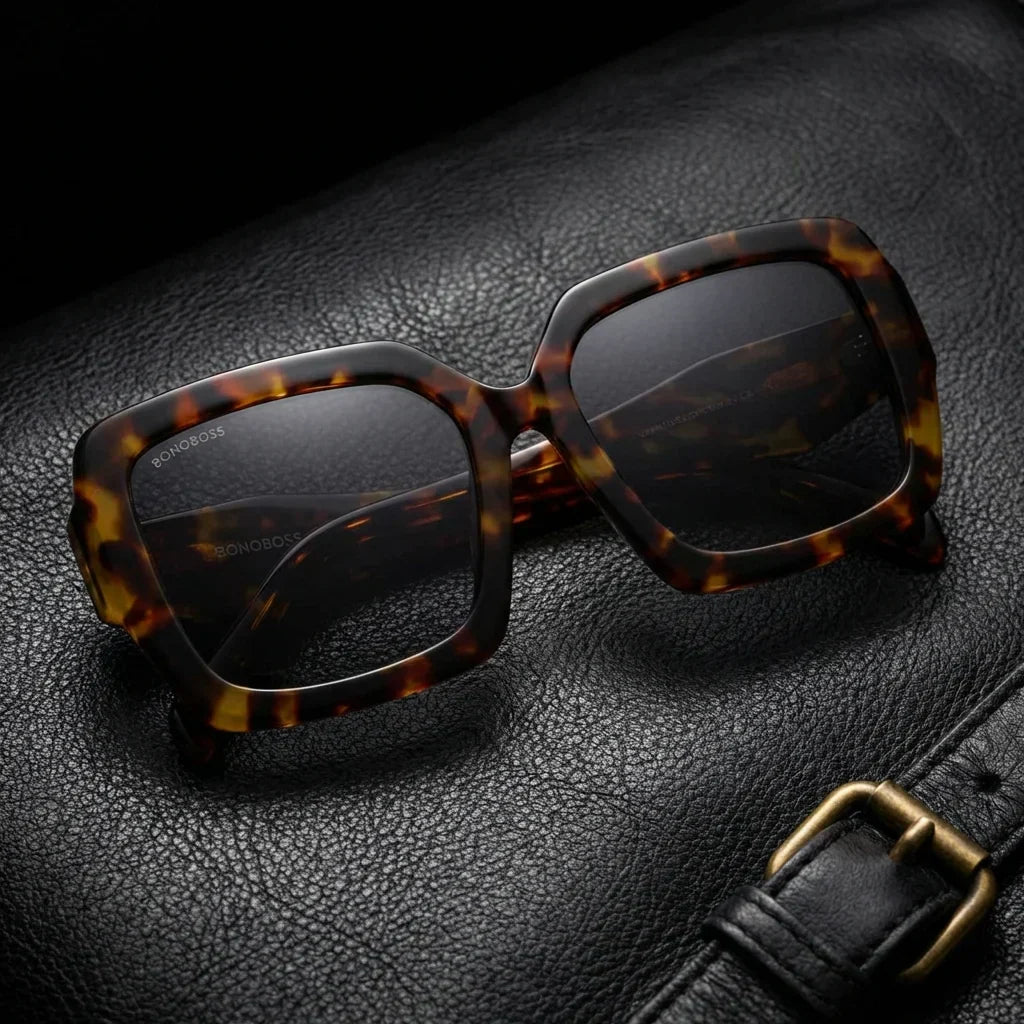 Lenses sun alaska polarized UV400 tortoise sobre black leather premium brass detail bonoboss #editorial_polarizado #color_carey