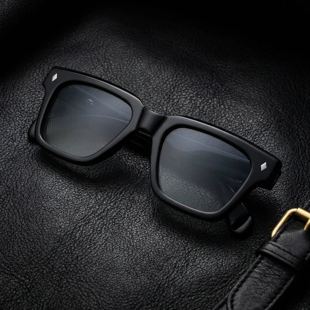 Lenses sun bruno polarized UV400 bio-acetate gradient sobre black leather premium brass detail bonoboss #editorial_polarizado #color_degrade