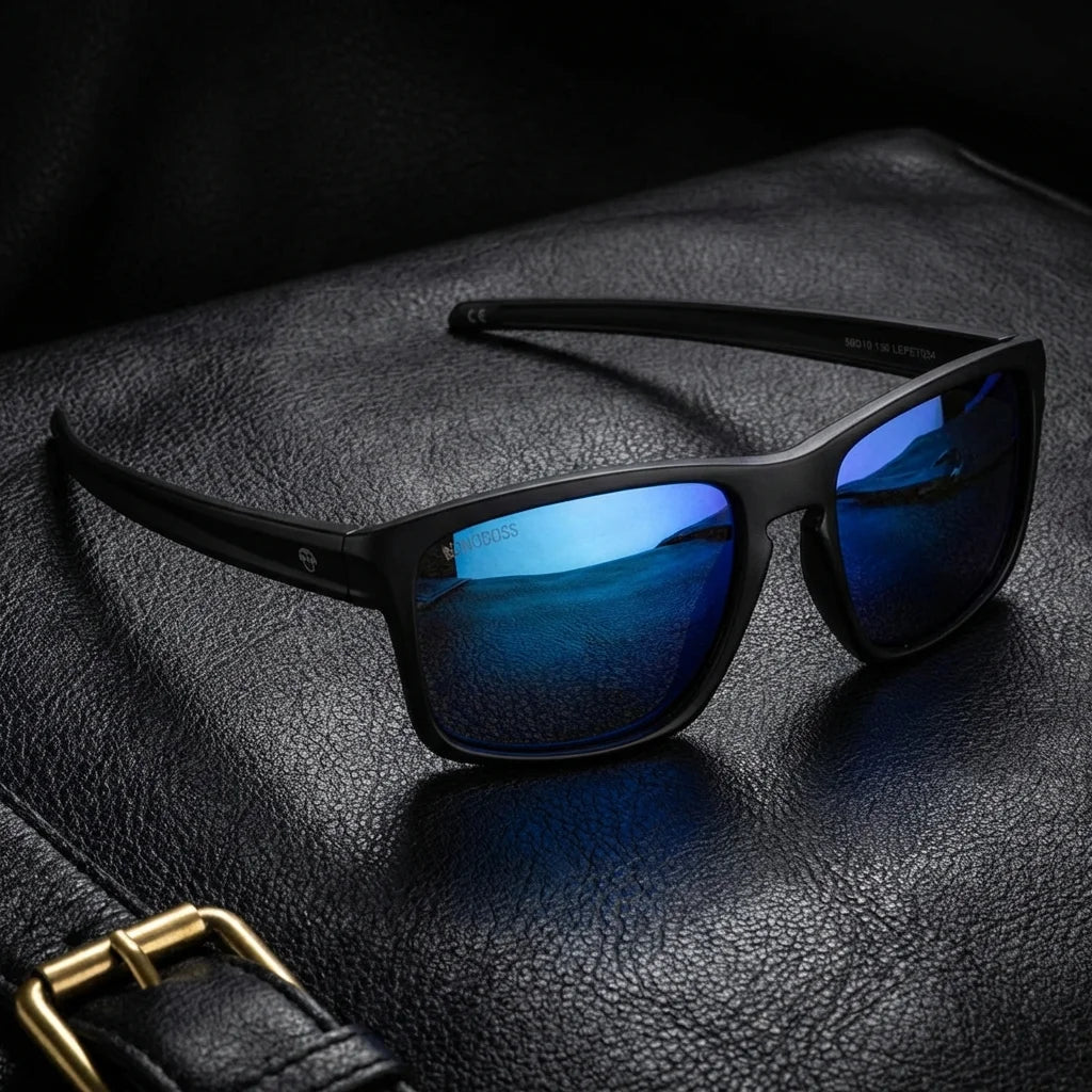 Lentes sol Lautaro RPET polarizados UV400 RPET reciclado azul sobre cuero negro detalle brass premium Bonoboss #editorial_polarizado #color_azul