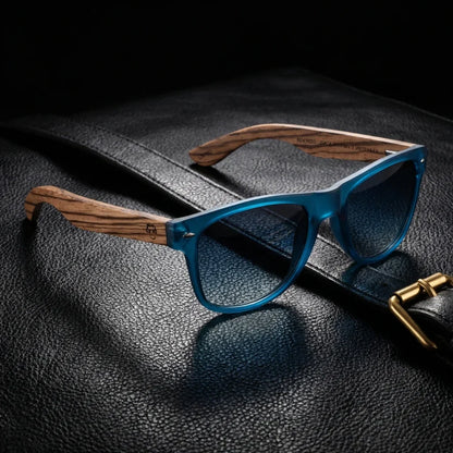 Lentes sol Acacia polarizados UV400 madera zebrano Ocean Gradiente Azul sobre cuero negro detalle brass premium Bonoboss #editorial_polarizado #color_ocean-gradiente-azul