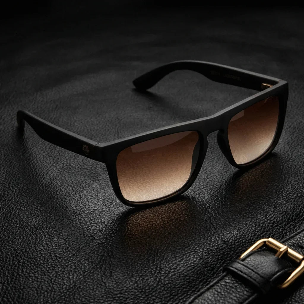 Lentes sol Lautaro Dark polarizados UV400 acetato flash silver sobre cuero negro detalle brass premium Bonoboss #editorial_polarizado #color_flash-silver