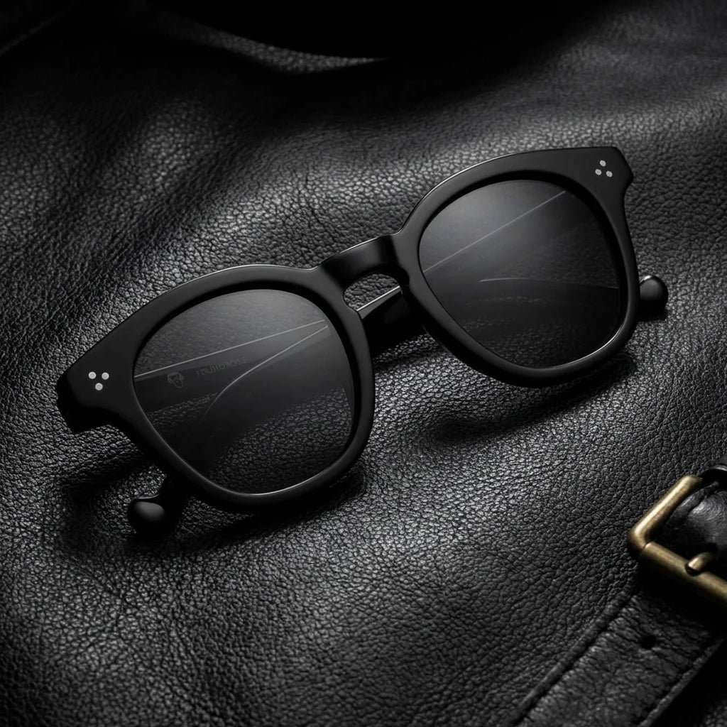 Lentes sol Lenga polarizados UV400 bio-acetato Negro sobre cuero negro detalle brass premium Bonoboss #editorial_polarizado #color_negro