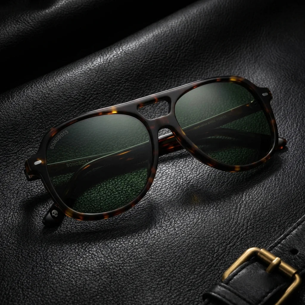 Lenses sun orson e.d polarized UV400 bio-acetate tortoise sobre black leather premium brass detail contraste bonoboss #editorial_polarizado #color_carey