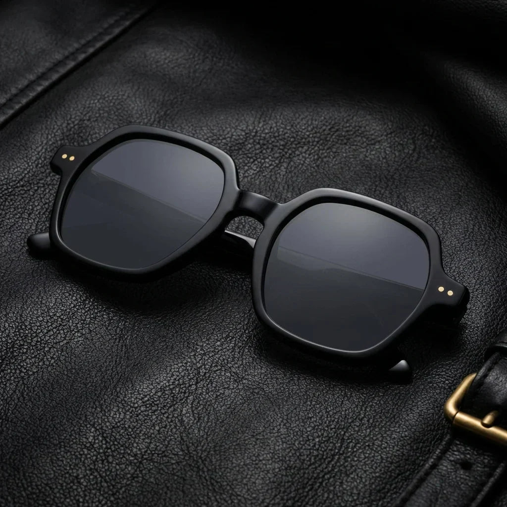 Lentes sol Canarias polarizados UV400 bio-acetato Negro sobre cuero negro detalle brass premium Bonoboss #editorial_polarizado #color_negro