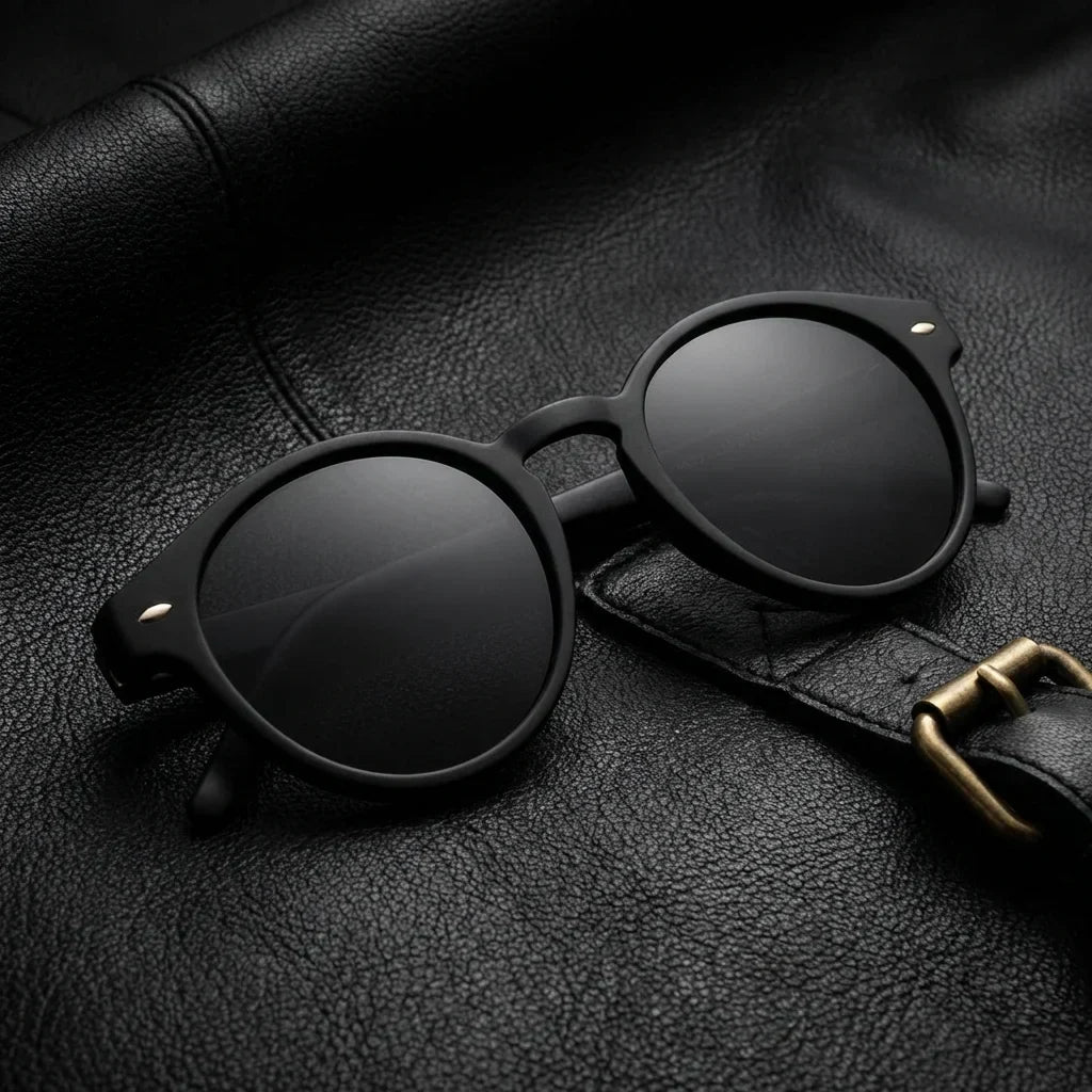 Lentes sol Joplin RPET polarizados UV400 RPET reciclado del oceano negro sobre cuero negro detalle brass premium contraste Bonoboss #editorial_polarizado #color_negro