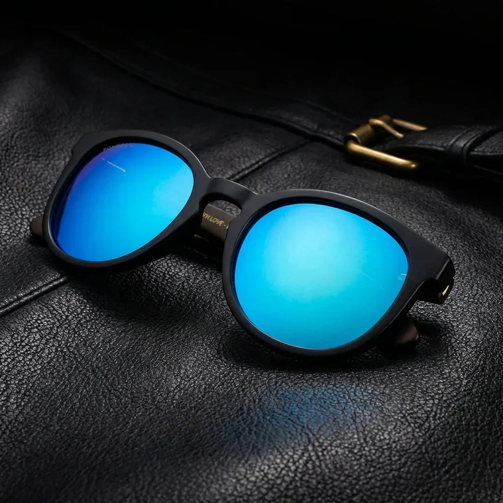 Lentes sol Meli Dark polarizados UV400 bio-acetato Espejado Azul sobre cuero negro detalle brass premium Bonoboss #editorial_grid1 #color_espejado-azul