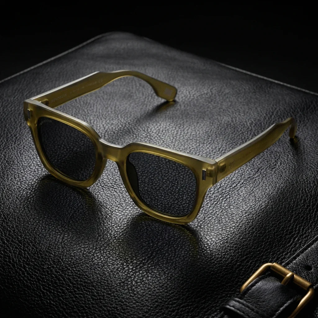 Lentes sol Osorno RPET polarizados UV400 RPET reciclado olive sobre cuero negro detalle brass premium Bonoboss #editorial_polarizado #color_olive