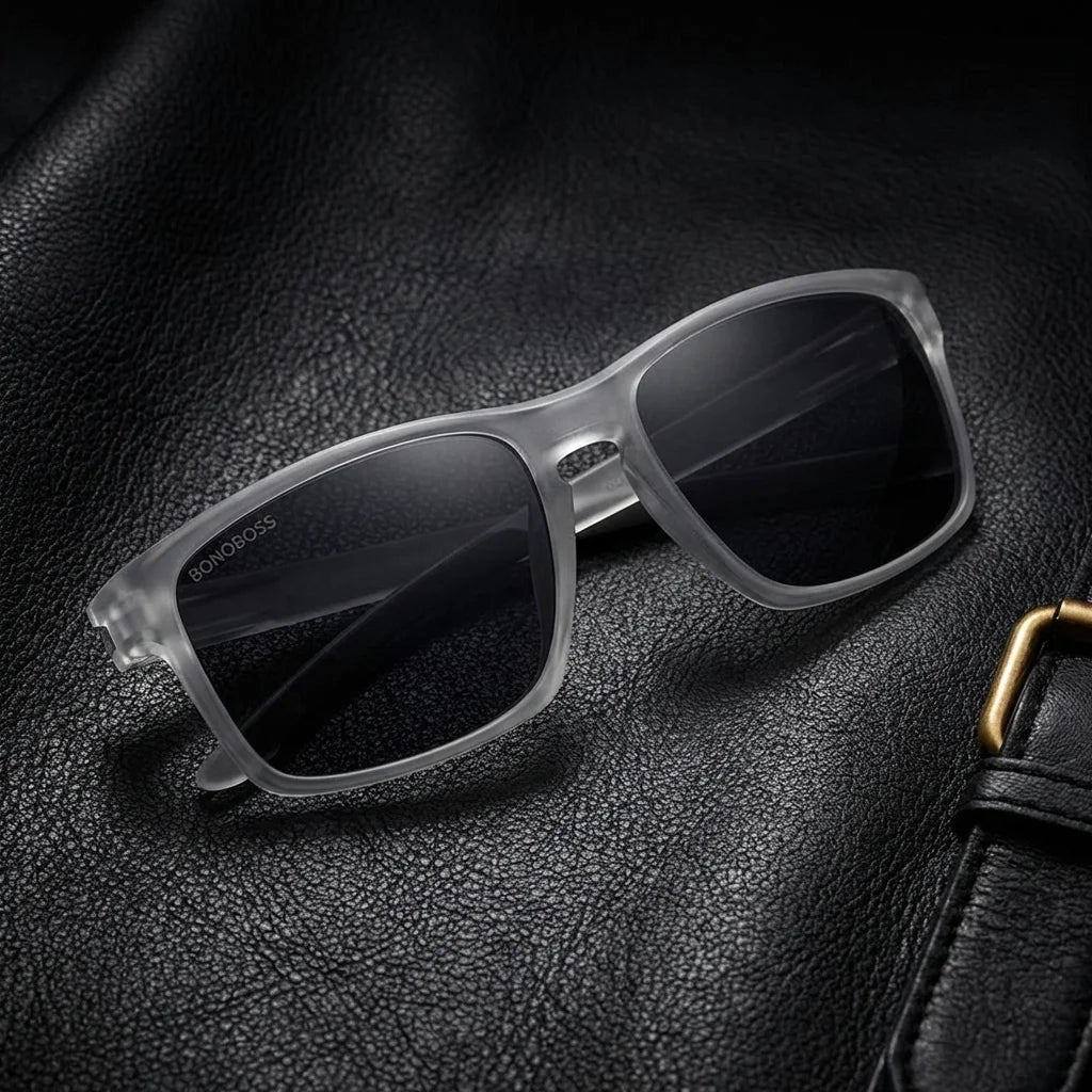 Lentes sol Lautaro RPET polarizados UV400 RPET reciclado transparente sobre cuero negro detalle brass premium Bonoboss #editorial_polarizado #color_transparente