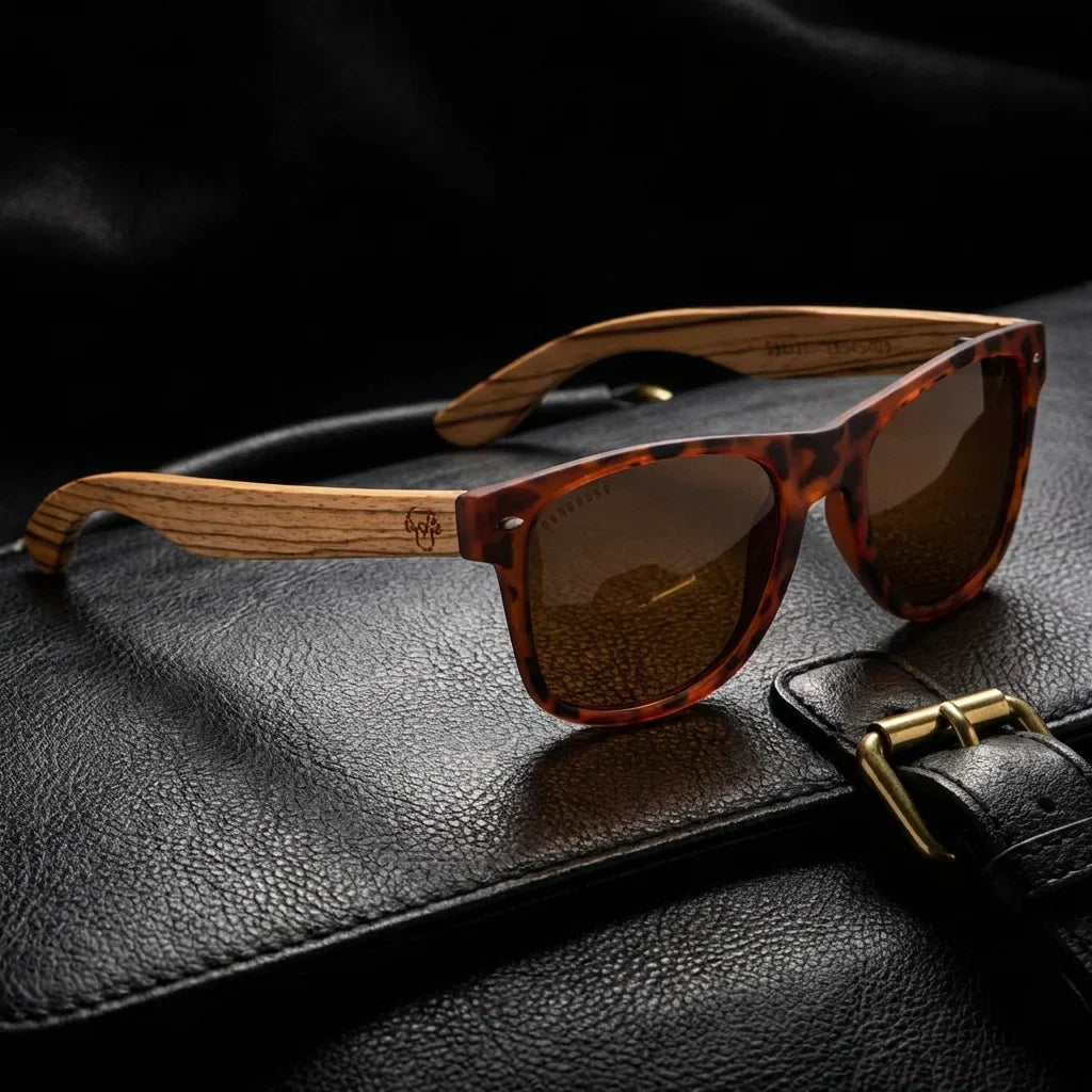 Lentes sol Acacia polarizados UV400 madera zebrano Carey Brown sobre cuero negro detalle brass premium Bonoboss #editorial_polarizado #color_carey-brown