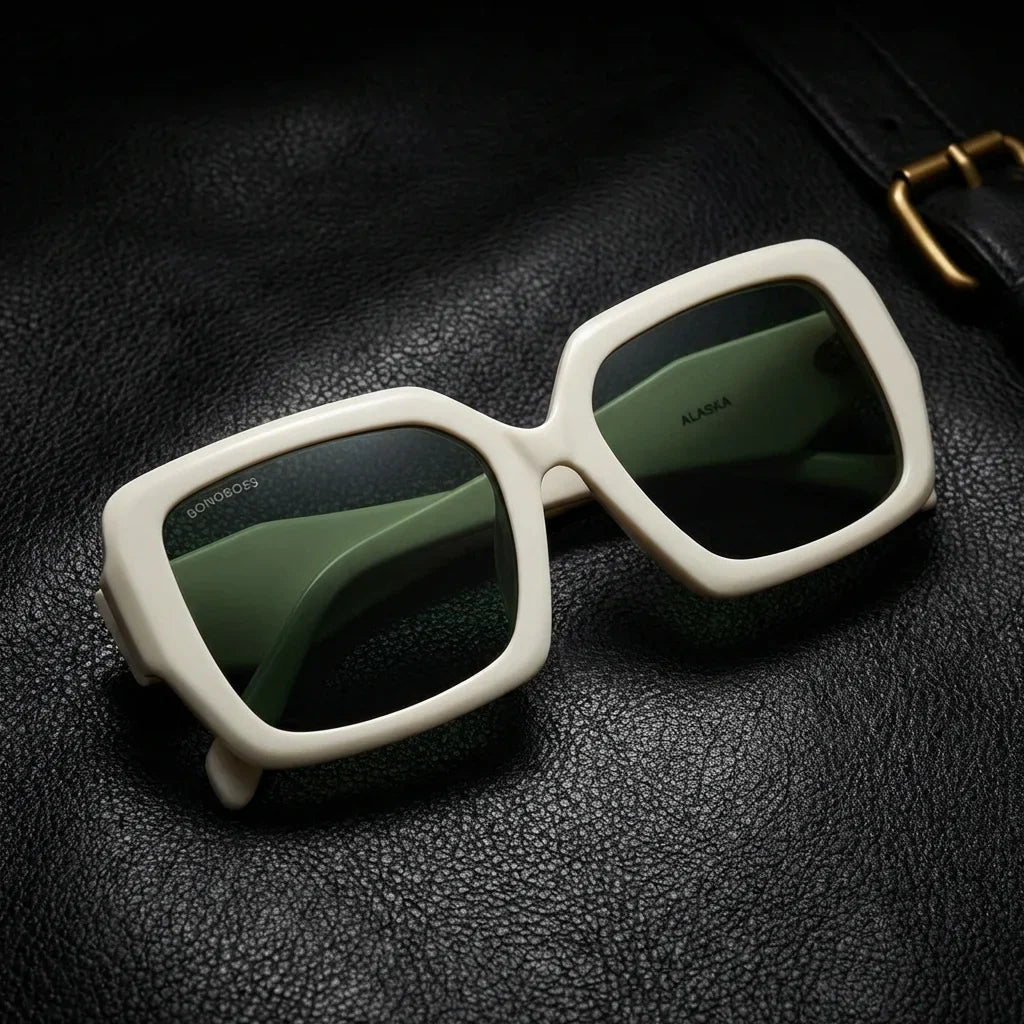 Lentes sol Alaska polarizados UV400 blanco sobre cuero negro detalle brass premium Bonoboss #editorial_polarizado #color_blanco