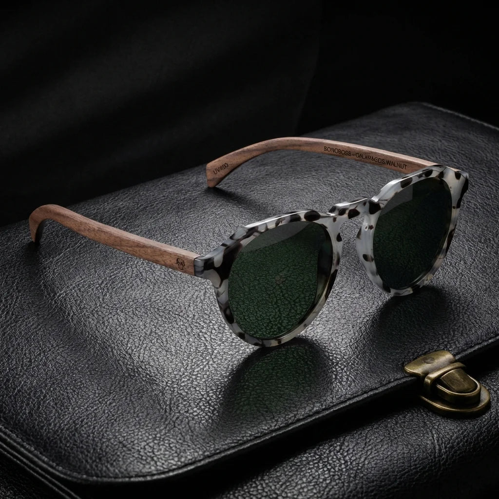 Lentes sol Galapagos polarizados UV400 acetato madera gris sobre cuero negro detalle brass premium Bonoboss #editorial_polarizado #color_gris