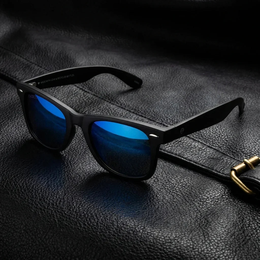 Lentes sol Acacio rPET polarizados UV400 RPET reciclado sky sobre cuero negro detalle brass premium Bonoboss #editorial_polarizado #color_sky