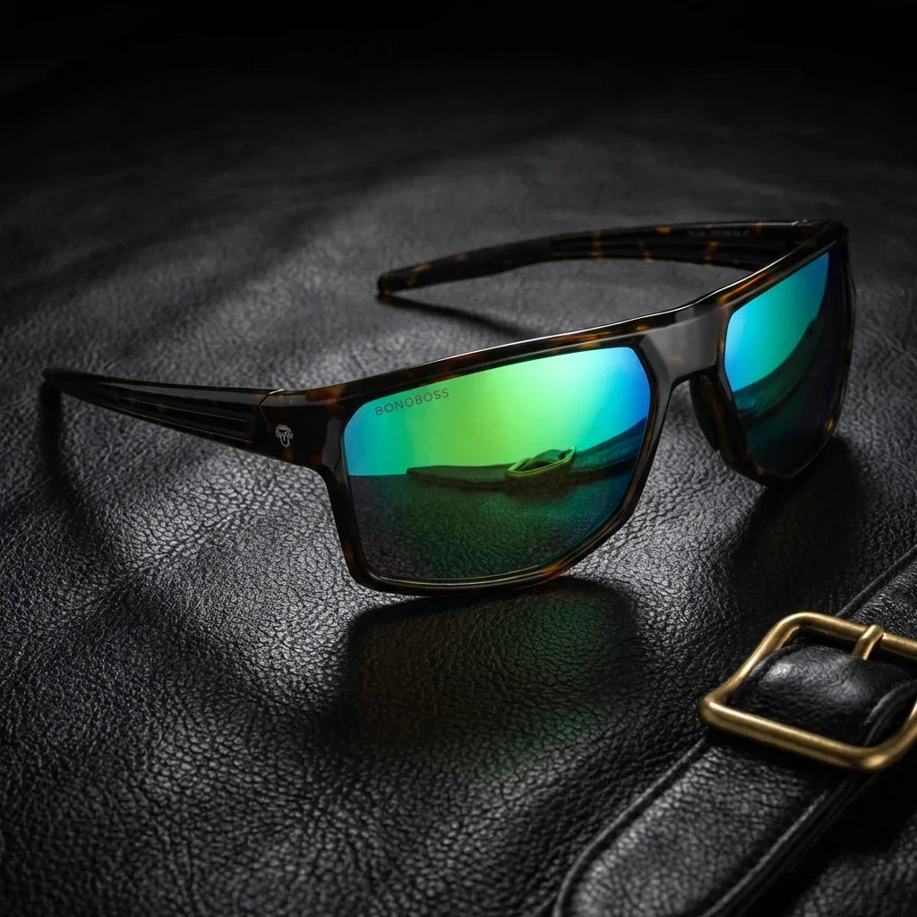 Lenses sun ollie polarized UV400 bio-acetate mirrored green sobre cuero brass detalle superficie premium bonoboss #editorial_grid1 #color_espejado-verde