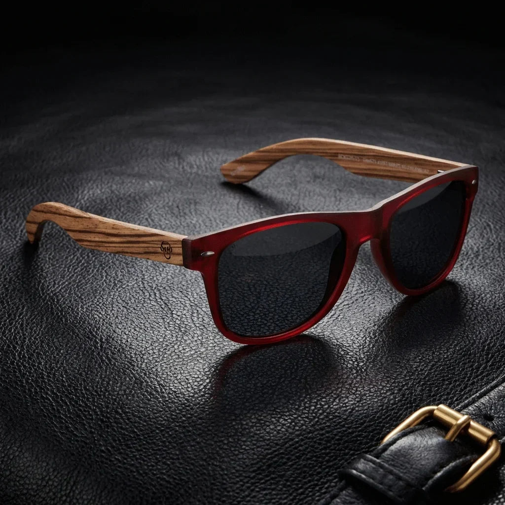 Lentes sol Acacia polarizados UV400 madera zebrano Wine Smoke sobre cuero negro detalle brass premium Bonoboss #editorial_polarizado #color_wine-smoke