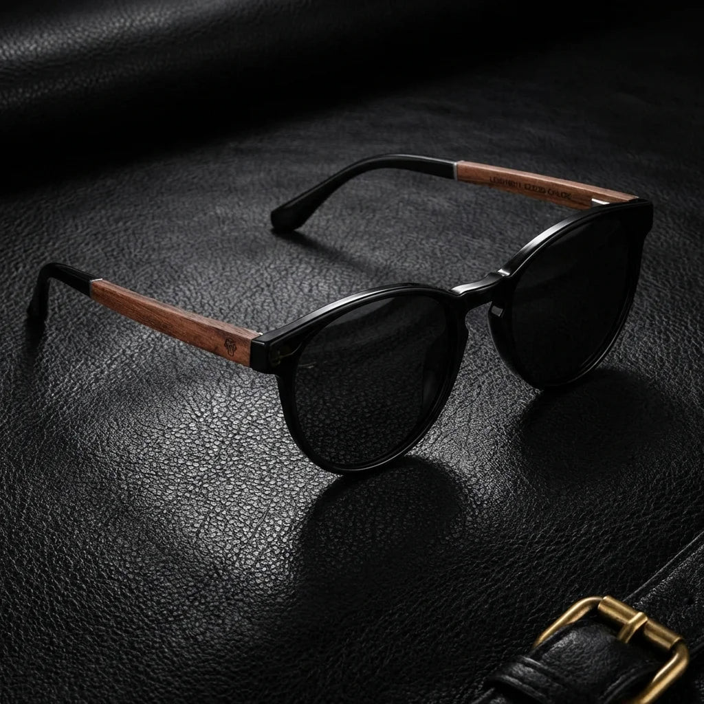 Lentes sol Chiloe 220 Black polarizados UV400 black sobre cuero negro detalle brass premium Bonoboss #editorial_polarizado #color_black