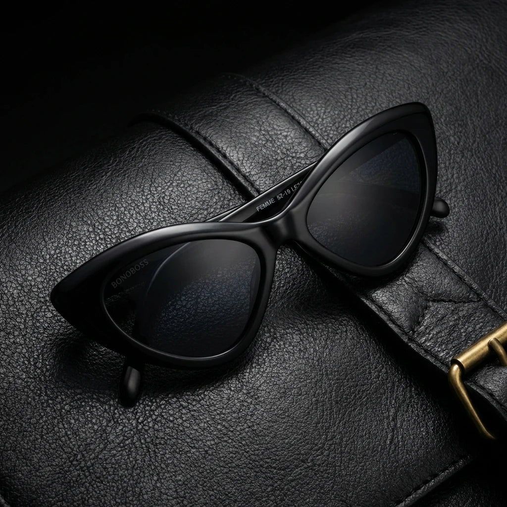 Lentes sol Femme Black polarizados UV400 bio-acetato Negro sobre cuero negro detalle brass premium Bonoboss #editorial_polarizado #color_negro
