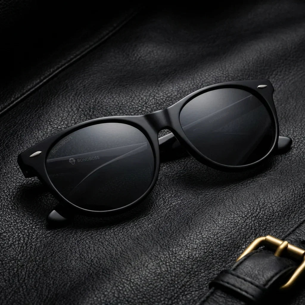 Lenses sun hanga roa polarized UV400 bio-acetate black sobre black leather premium brass detail elegante bonoboss #editorial_polarizado #color_negro