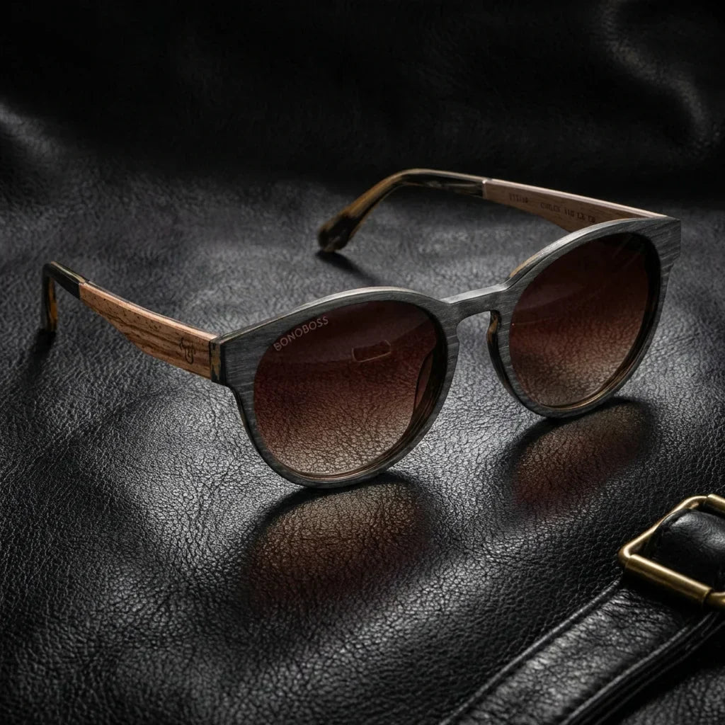 Lenses sun chiloe 110 wood polarized UV400 brown sobre black leather premium brass detail bonoboss #editorial_polarizado #color_brown
