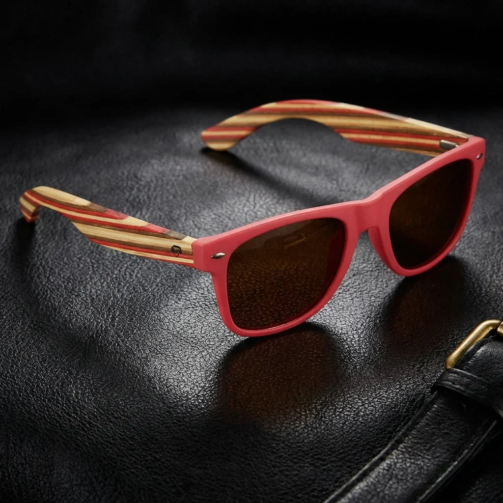 Lenses sun acacia polarized UV400 wood zebrawood pink brown sobre wood teca with agua fresca bonoboss #editorial_grid1 #color_rosado-brown