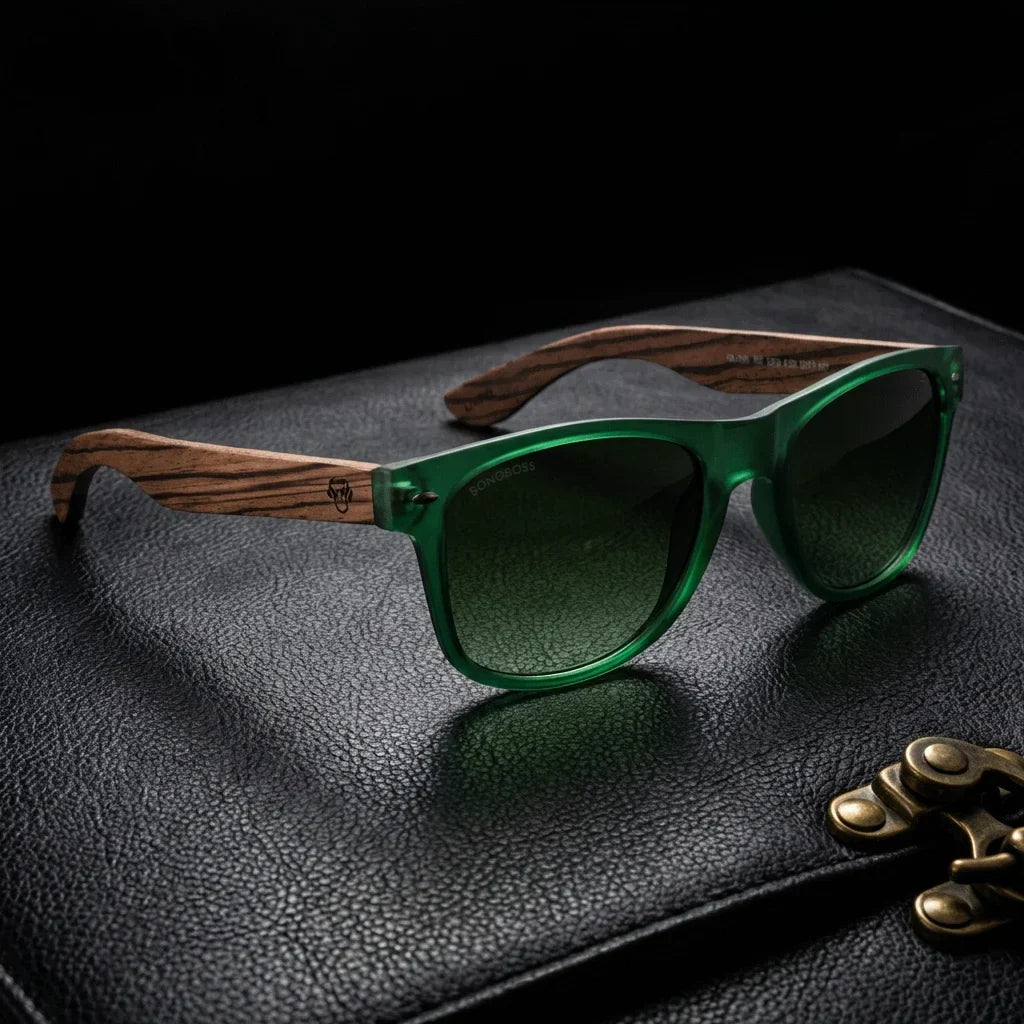 Lentes sol Acacia polarizados UV400 madera zebrano Forest Gradiente Olive sobre cuero negro detalle brass premium Bonoboss #editorial_polarizado #color_forest-gradiente-olive