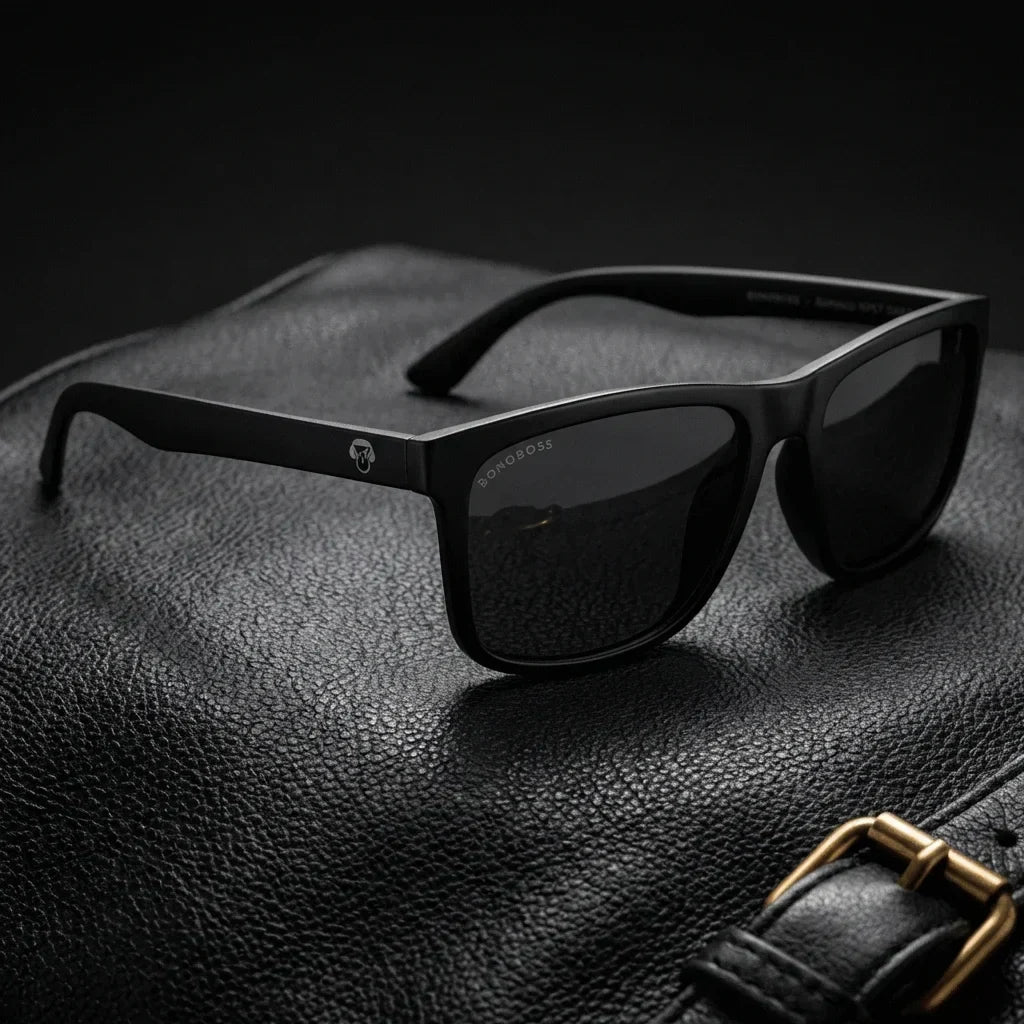 Lentes sol Rapanui RPET polarizados UV400 RPET reciclado dark sobre cuero negro detalle brass premium Bonoboss #editorial_grid1 #color_dark
