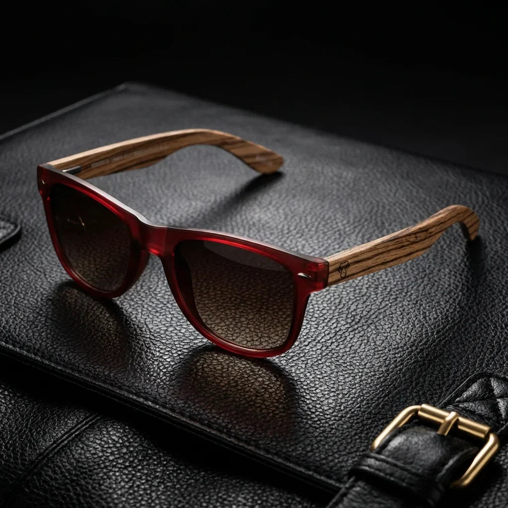 Lentes sol Acacia polarizados UV400 madera zebrano Wine Gradiente Cafe sobre cuero negro detalle brass premium Bonoboss #editorial_polarizado #color_wine-gradiente-cafe
