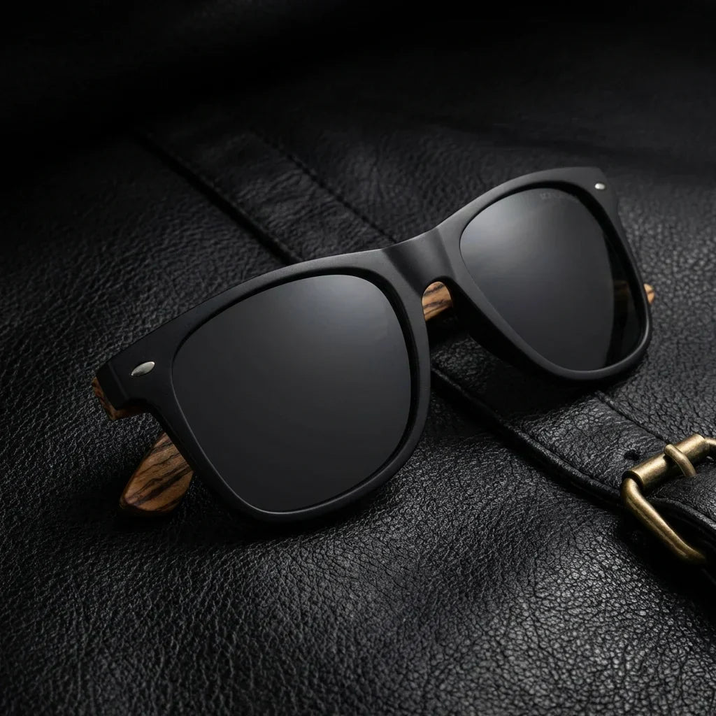 Lentes sol Acacia Designers polarizados UV400 waves sobre cuero negro detalle brass premium Bonoboss #editorial_polarizado #color_waves