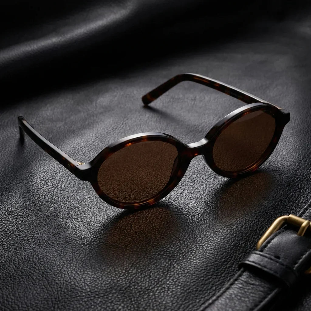 Lentes sol Guapi Island polarizados UV400 bio-acetato carey sobre cuero negro brass detalle premium elegante Bonoboss #editorial_grid1 #color_carey