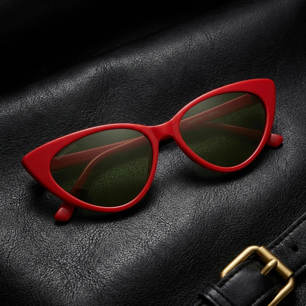 Lentes sol Audrey Red polarizados UV400 rojo sobre cuero negro detalle brass premium Bonoboss #editorial_polarizado #color_rojo