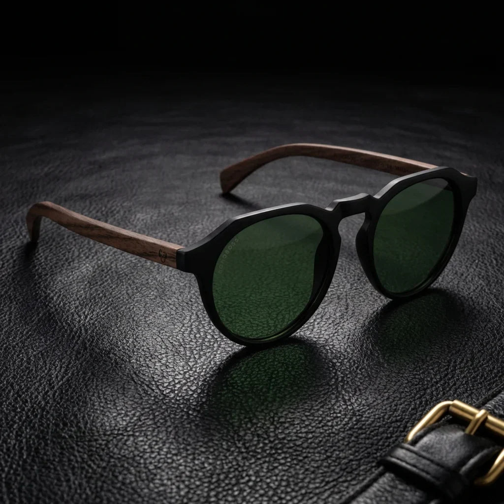 Lentes sol Galapagos polarizados UV400 acetato madera negro G15 sobre cuero negro detalle brass premium Bonoboss #editorial_polarizado #color_negro-g15