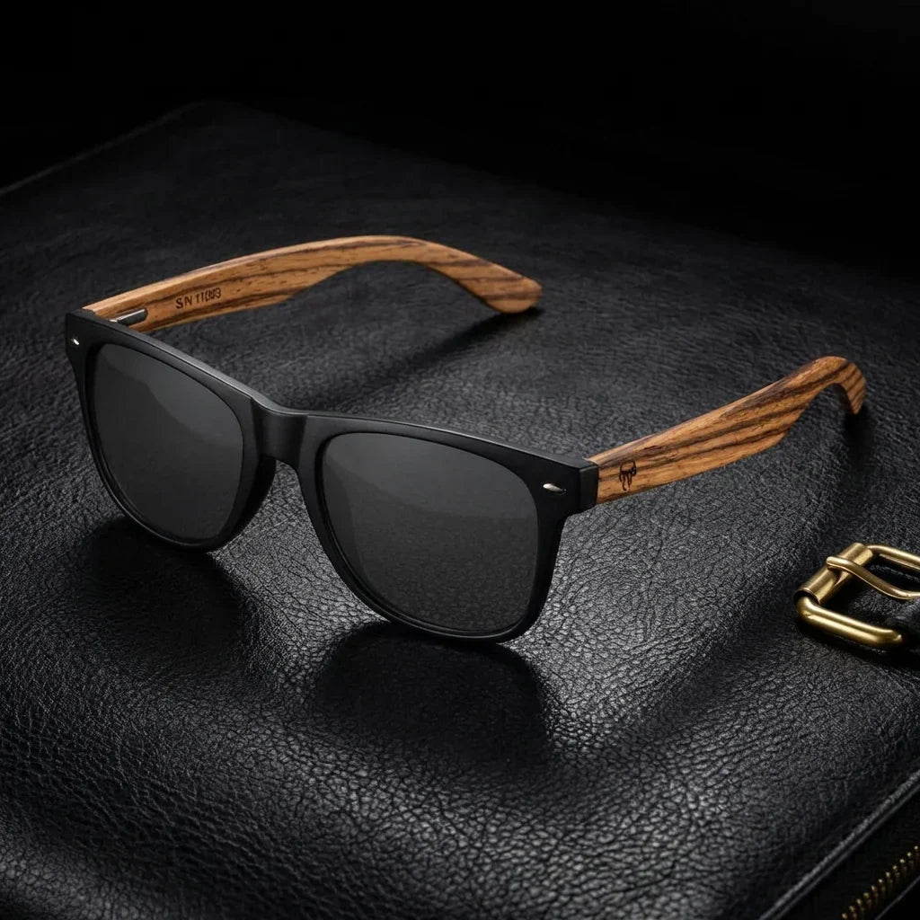 Lentes sol Acacia polarizados UV400 madera zebrano Negro Smoke sobre cuero negro detalle brass premium Bonoboss #editorial_polarizado #color_negro-smoke