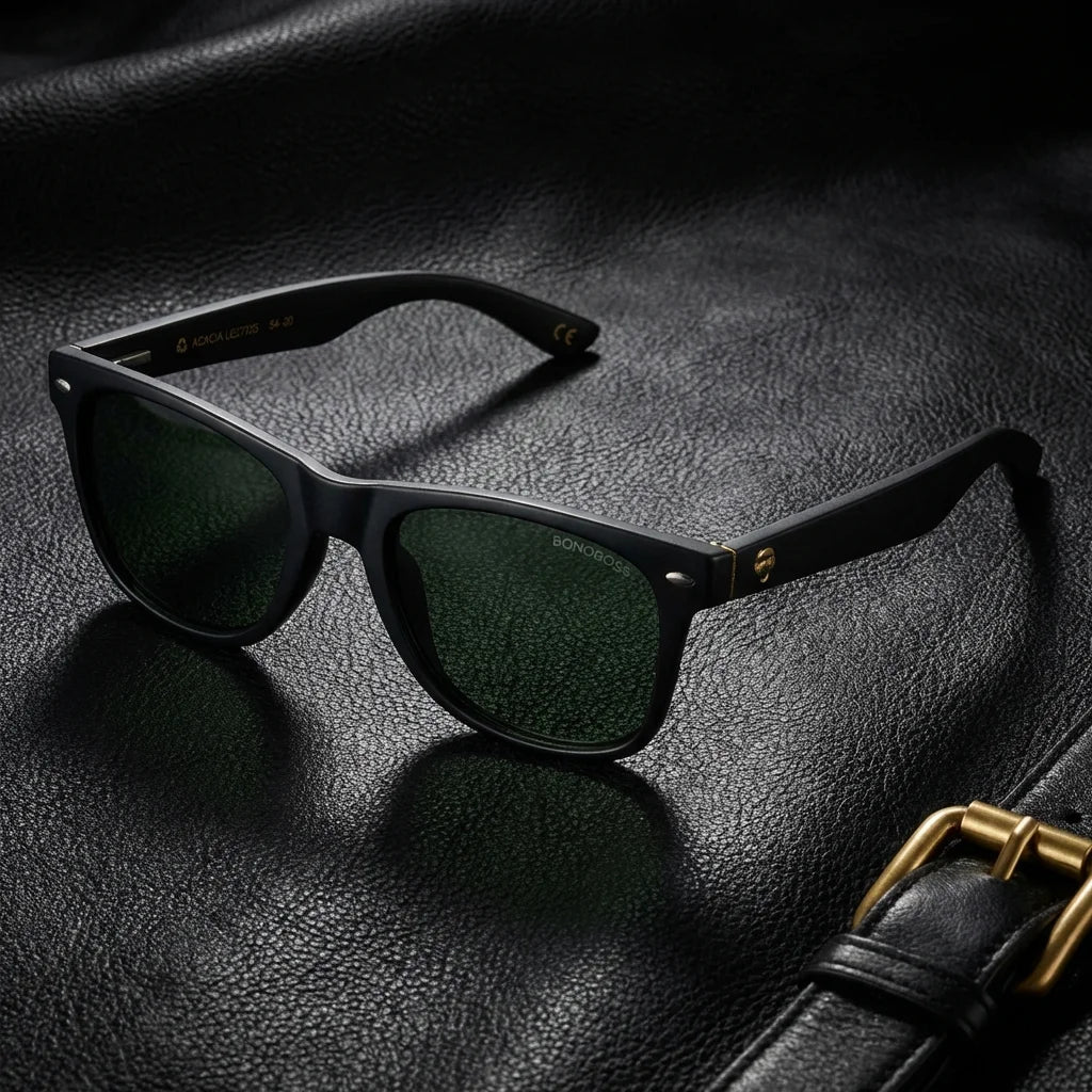 Lentes sol Acacia Dark polarizados UV400 madera acacia g15 sobre cuero negro detalle brass premium elegante Bonoboss #editorial_polarizado #color_g15