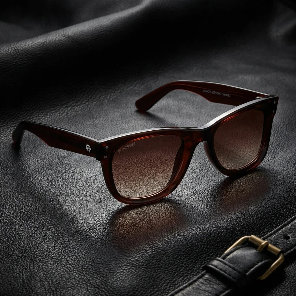 Lenses sun acacia reverse polarized UV400 wood zebrawood brown sobre black leather premium brass detail bonoboss #editorial_polarizado #color_brown