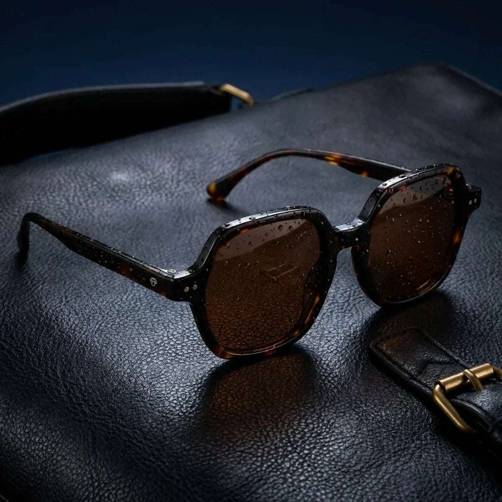 Lentes sol Canarias polarizados UV400 bio-acetato Carey sobre cuero negro detalle brass premium Bonoboss #editorial_polarizado #color_carey