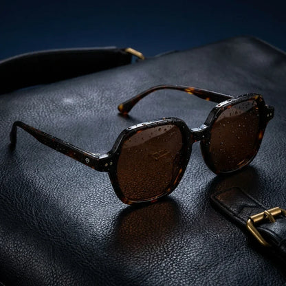 Lentes sol Canarias polarizados UV400 bio-acetato Carey sobre cuero negro detalle brass premium Bonoboss #editorial_polarizado #color_carey