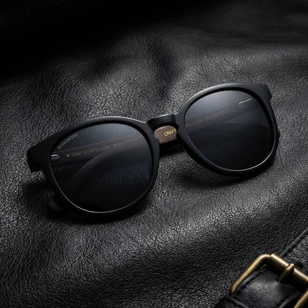Lentes sol Meli Dark polarizados UV400 bio-acetato Negro sobre cuero negro detalle brass premium Bonoboss #editorial_grid1 #color_negro
