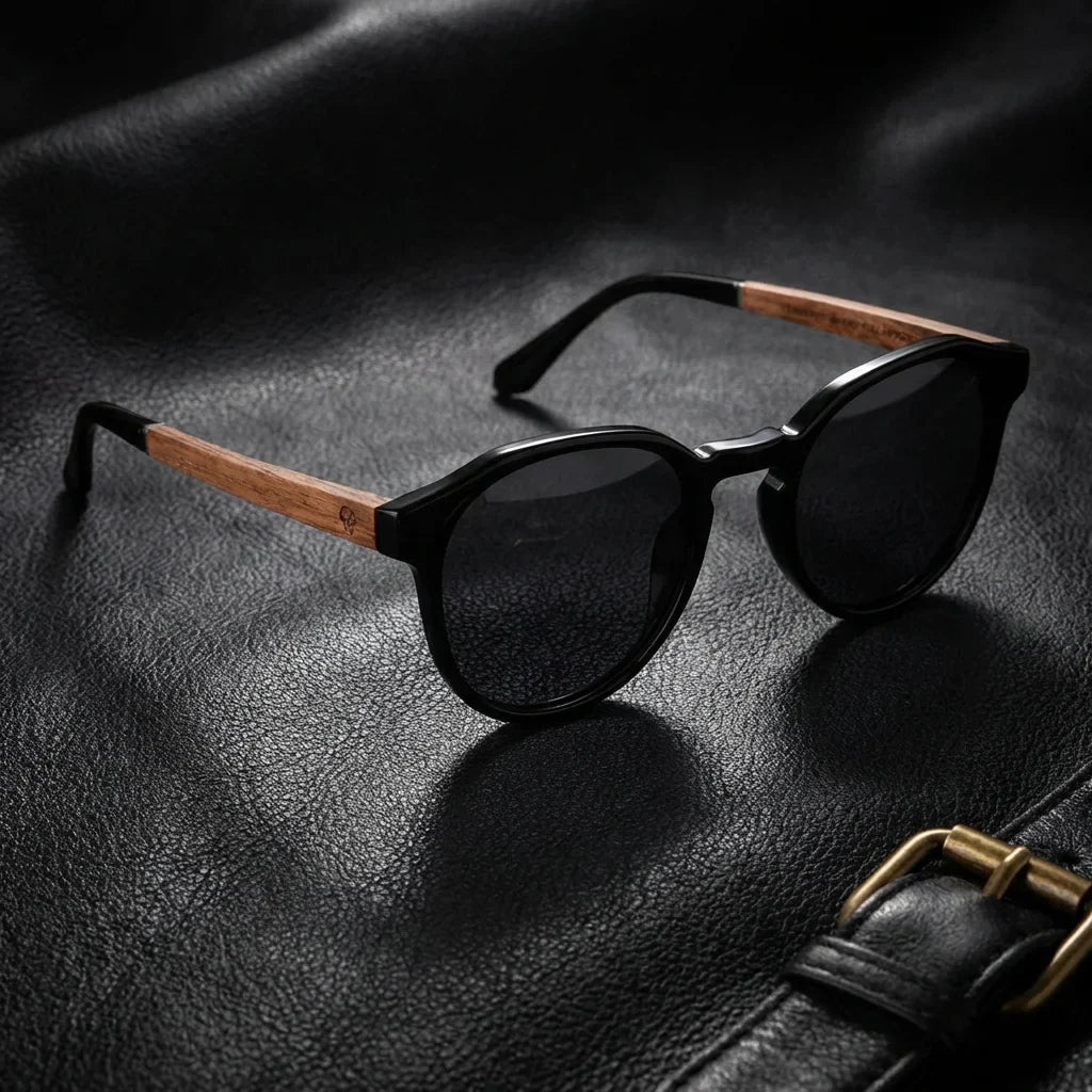 Lentes sol Galapagos polarizados UV400 madera nogal Negro sobre cuero negro detalle brass premium Bonoboss #editorial_polarizado #color_negro