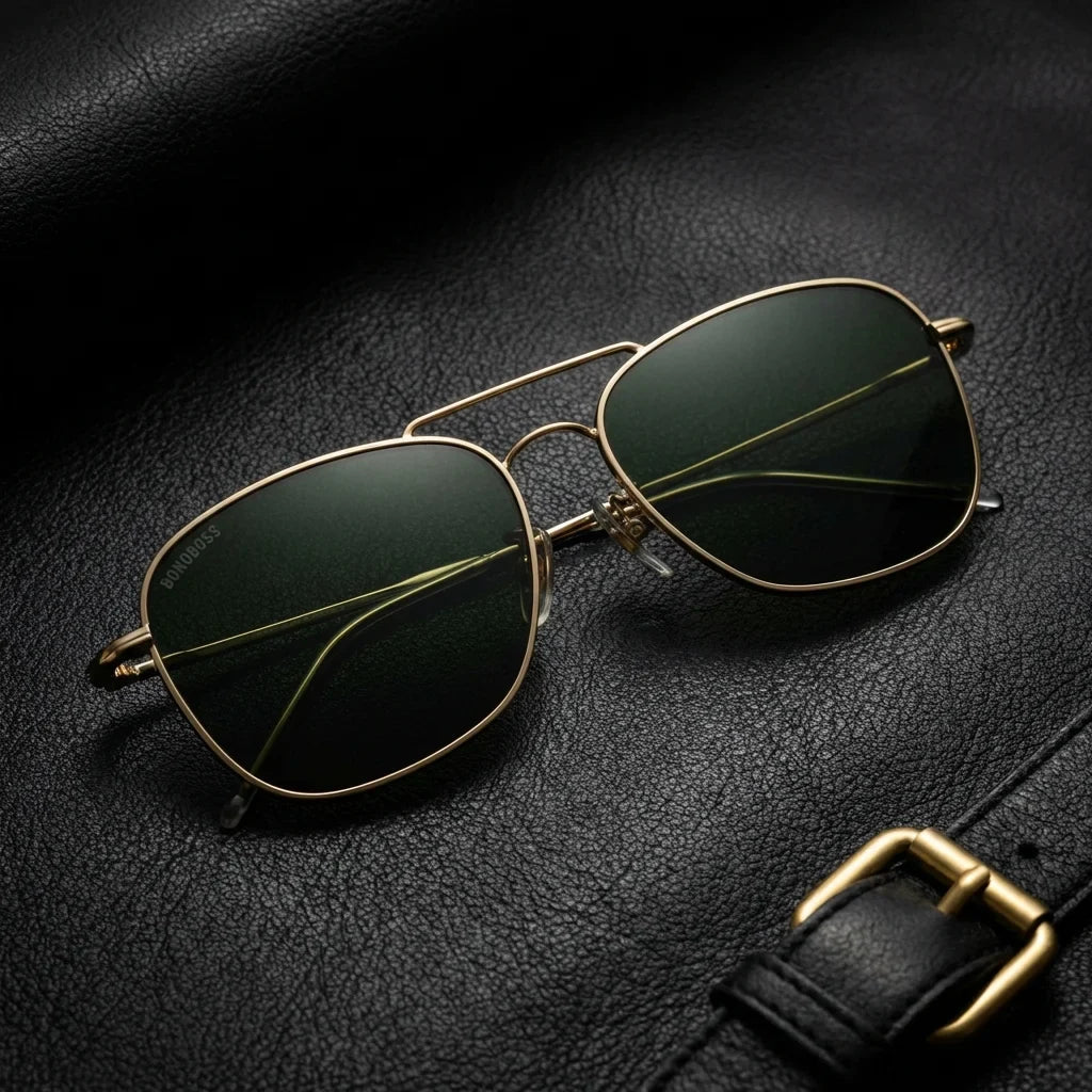 Lenses sun commander reverse polarized UV400 metal g15 sobre black leather premium brass detail bonoboss #editorial_polarizado #color_g15
