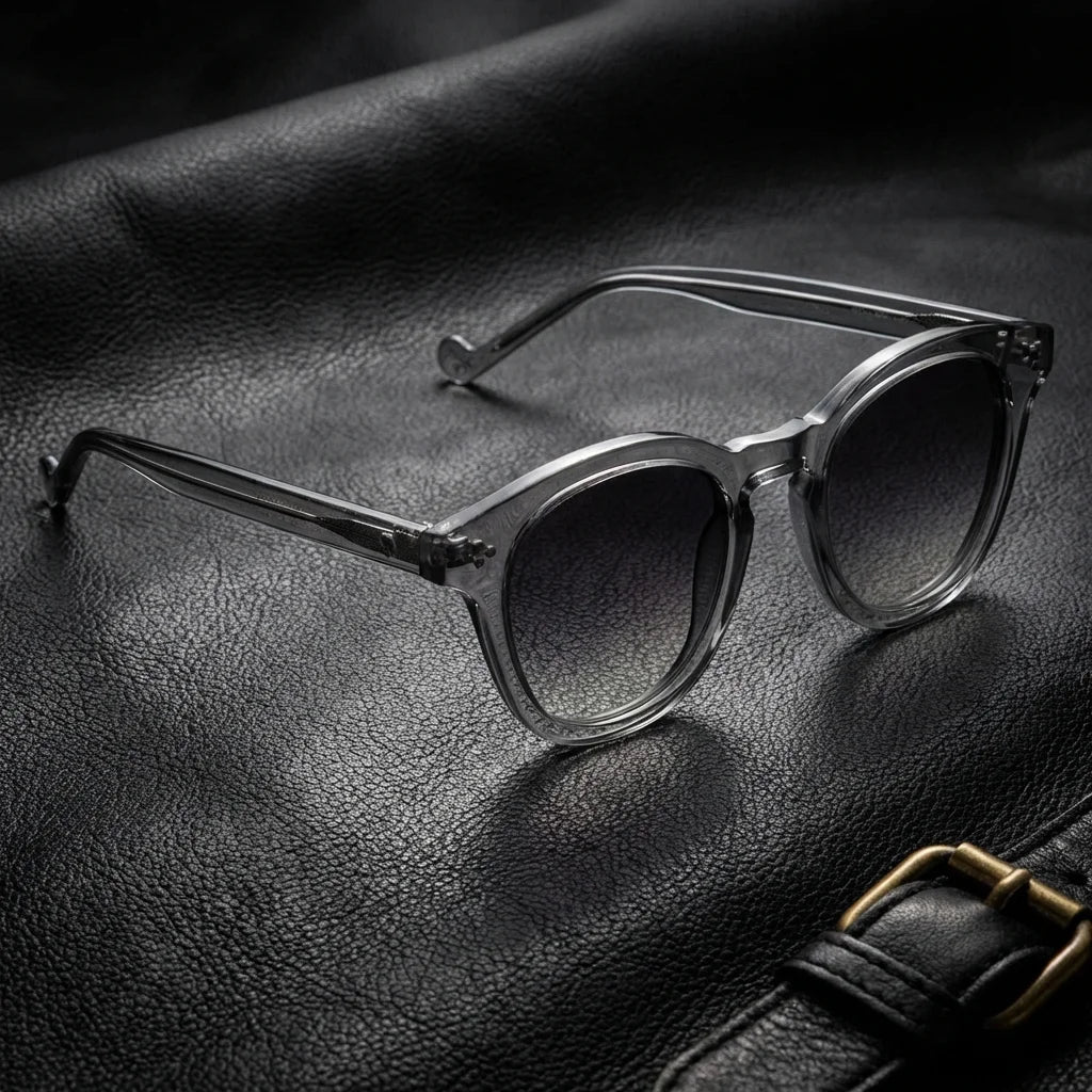 Lentes sol Lenga polarizados UV400 bio-acetato Gris sobre cuero negro detalle brass premium Bonoboss #editorial_polarizado #color_gris